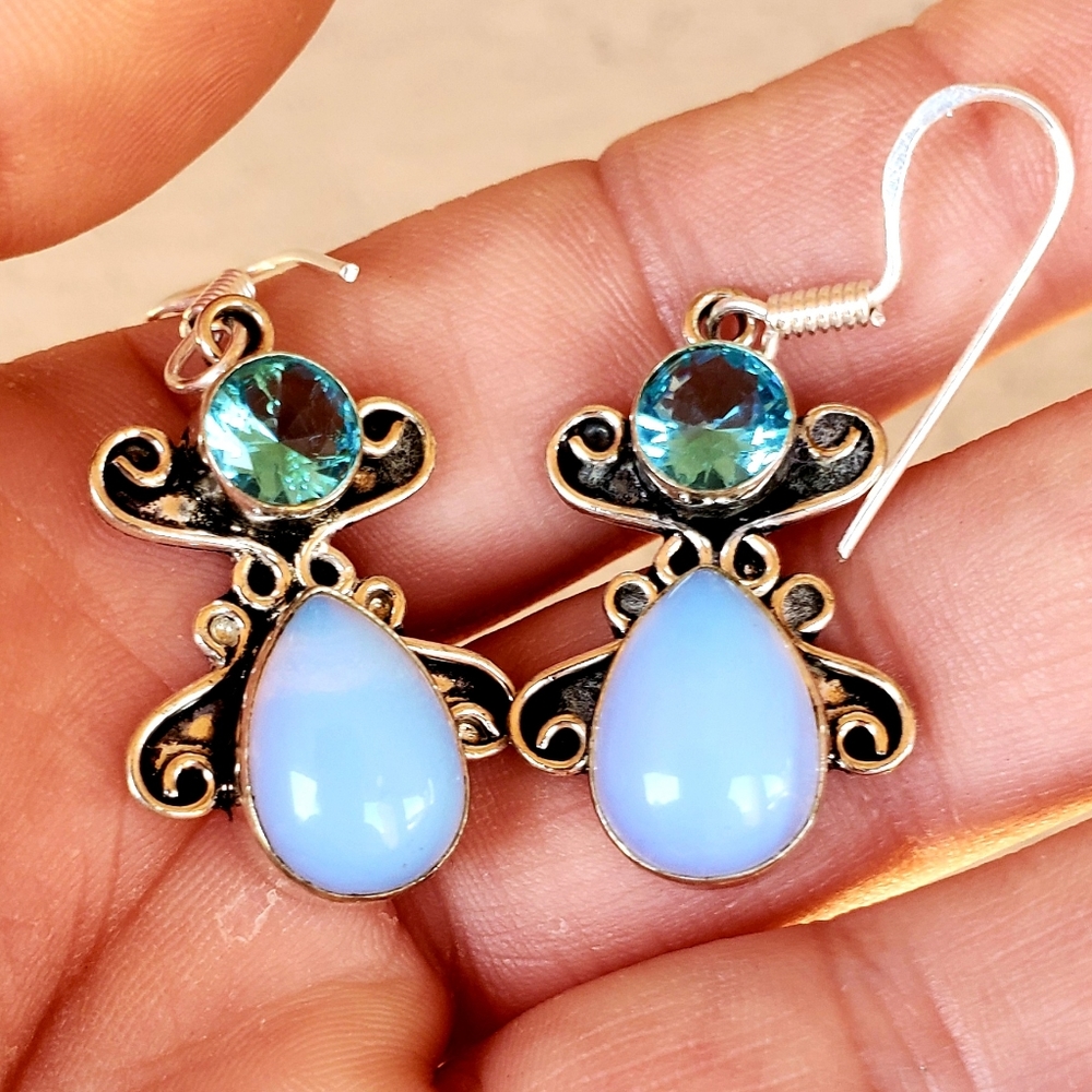 New Fiery Opalite and Blue Quartz Silver Earrings.